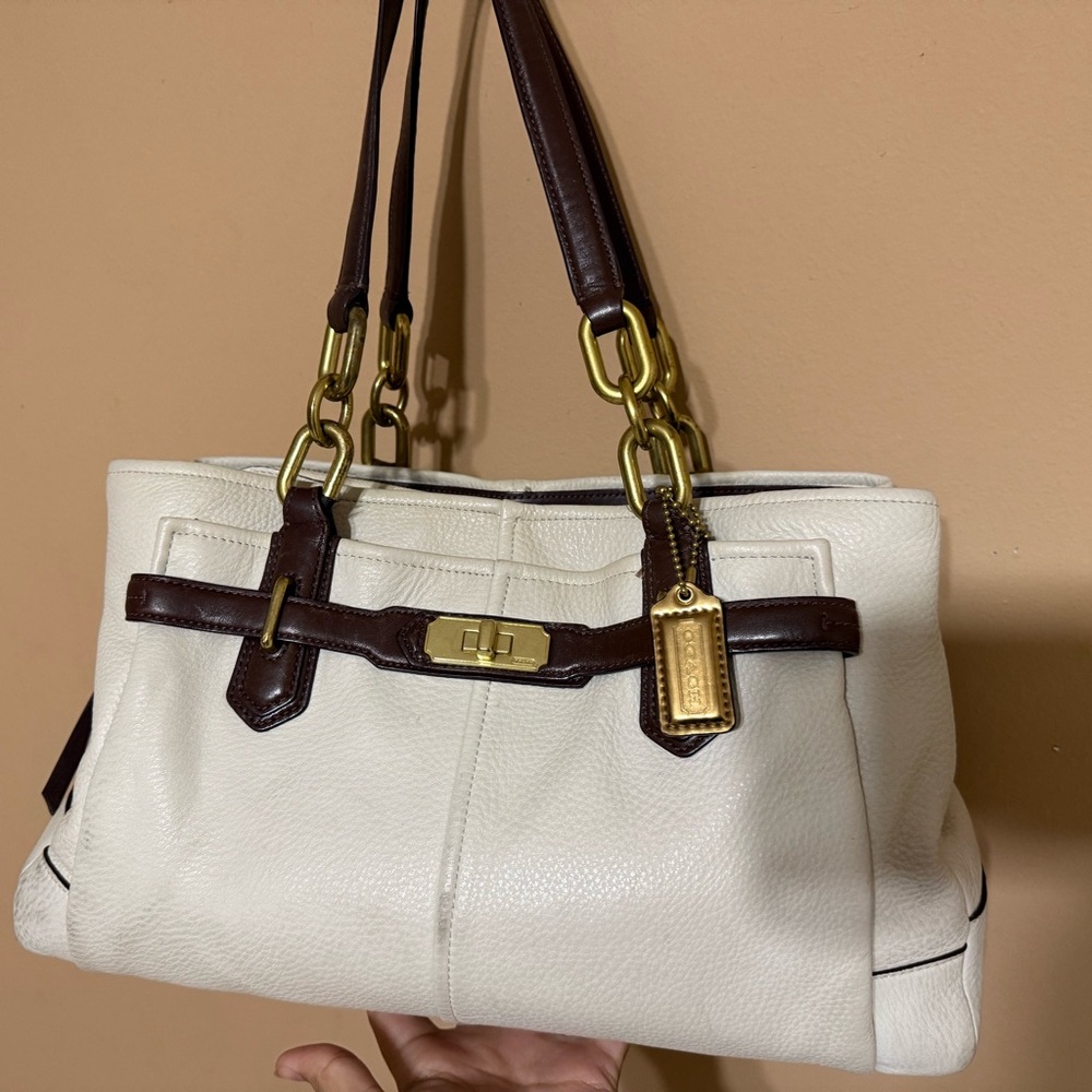 White and brown coach shoulder bag with gold trim SOLD